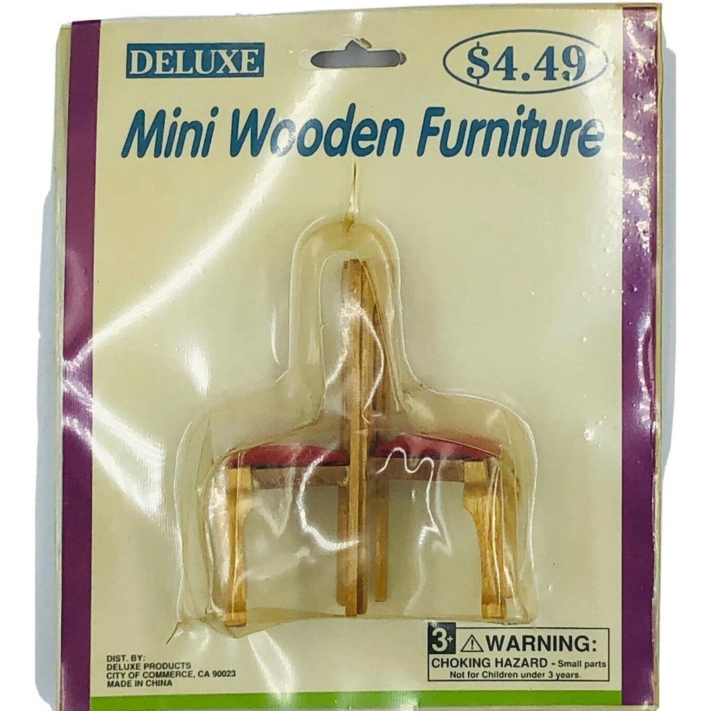 Sealed Vtg Dollhouse Mini Wooden Furniture 2 Red Cushion Dining Chairs